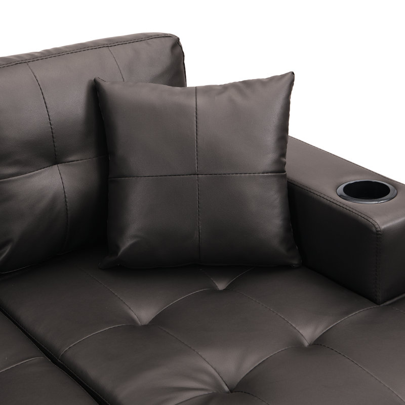 Canapé modulaire 4 places avec méridienne gauche ou droite, porte-gobelet, méridienne brune et riche, Polyuréthane brun foncé