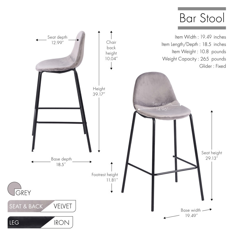 Lazio Velvet Bar Stool with Iron Legs, Bar Stool (29.13” Seat Height), Blue