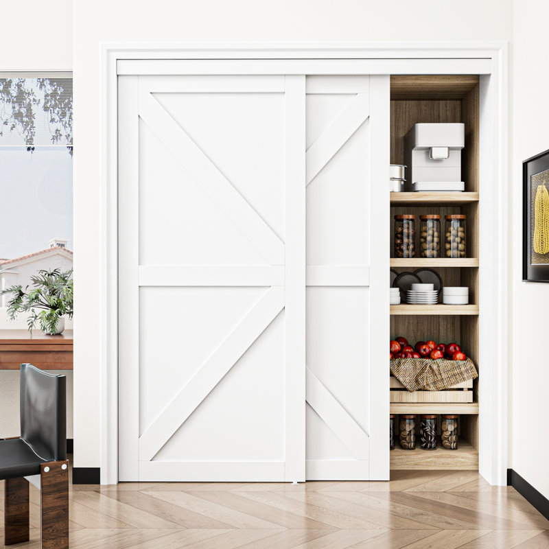 72 po x 80 po Porte en placard coulissante avec panneau en PVC et quincaillerie cadre K blanc, toute la quincaillerie est incluse