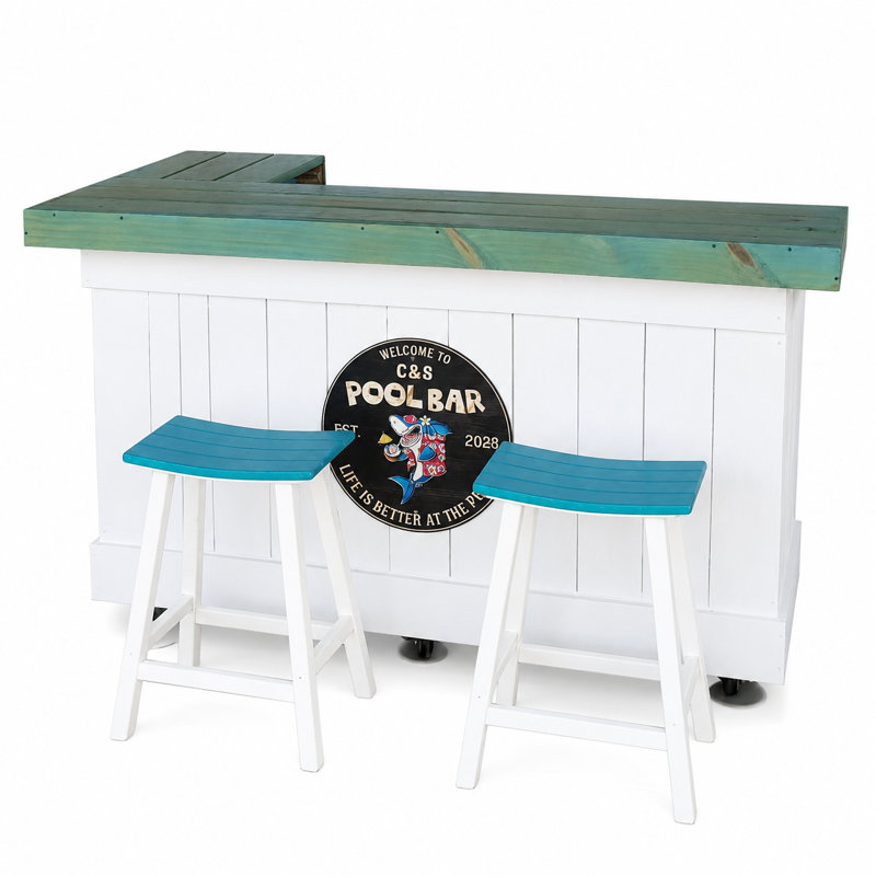 5x3 Outdoor Pool Bar With 2 Stools, White Wood Patio Bar, Teal Top & Seats