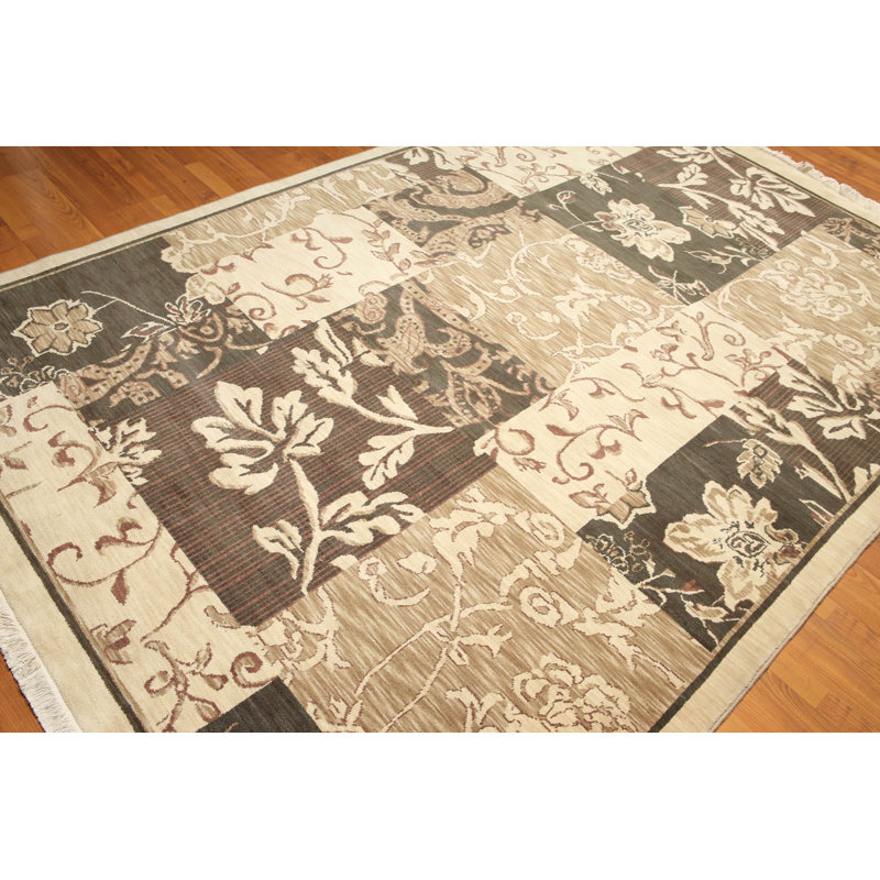 Tapis beige / gris en laine noué à la main de conception unique 6 pi x 9 pi