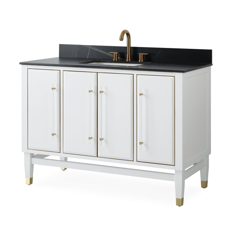 Tennant Brand 48 Inch Modern Freestanding White Bertone Bathroom Vanity, Single Sink, Black Sintered Stone Top, Fully Assembled