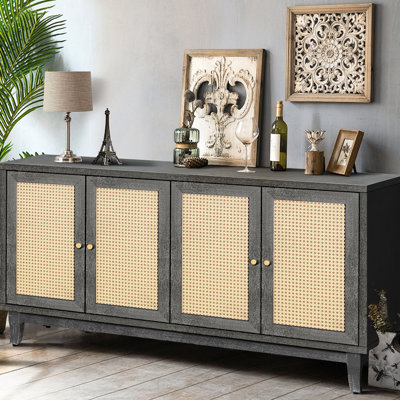 Buffet fabriqué à la main à panneaux de grain, armoire de rangement de salon classique avec 4 portes, console moderne, tablettes réglables, tablette de rangement gris foncé antique,