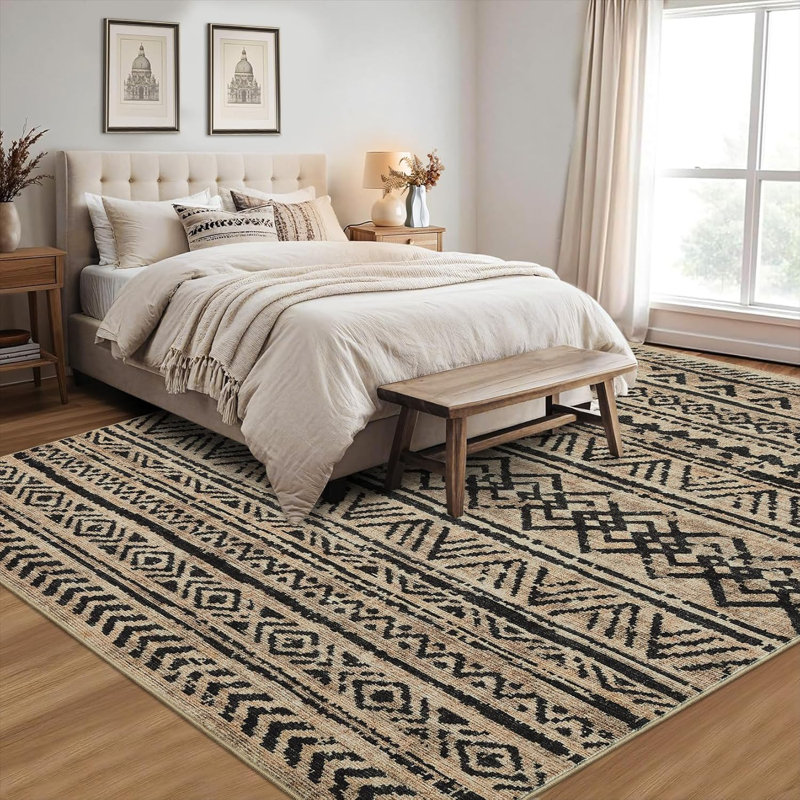 5x7 Washable Bedroom Rug Non-Slip Low Pile Stain-Resistant Soft Foldable Lightweight Modern Accent Rug Living Room Playroom Beige & Gray