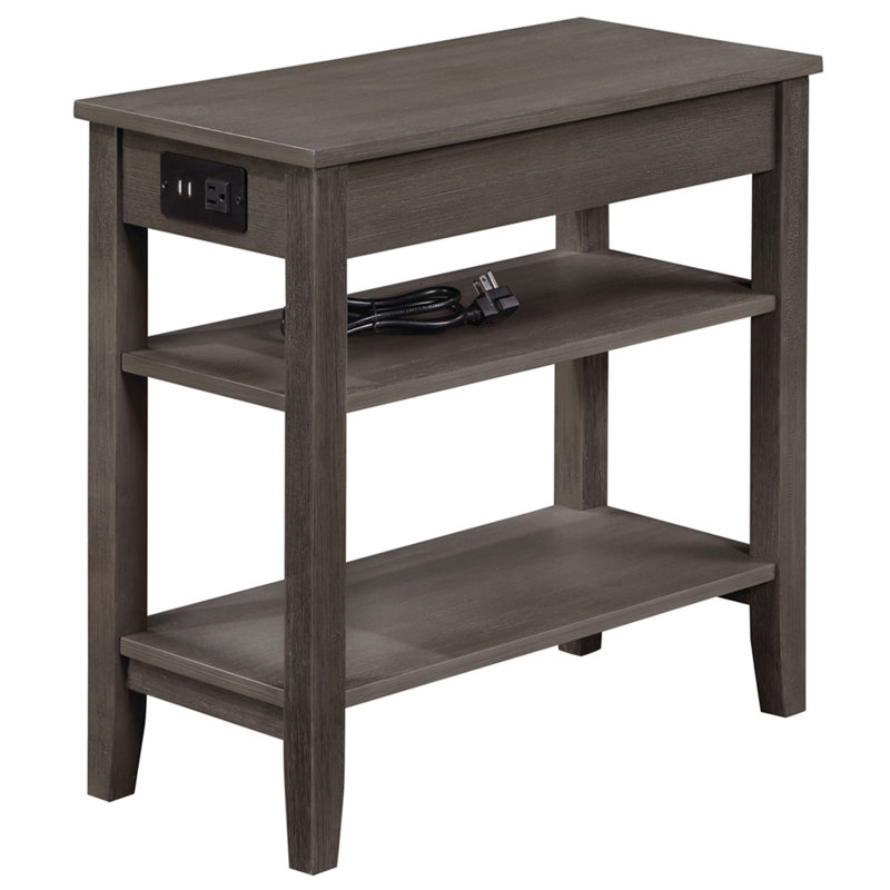 Senyah Solid Wood Top 1 End Table with Storage and Built-In Electrical Outlet, Brown