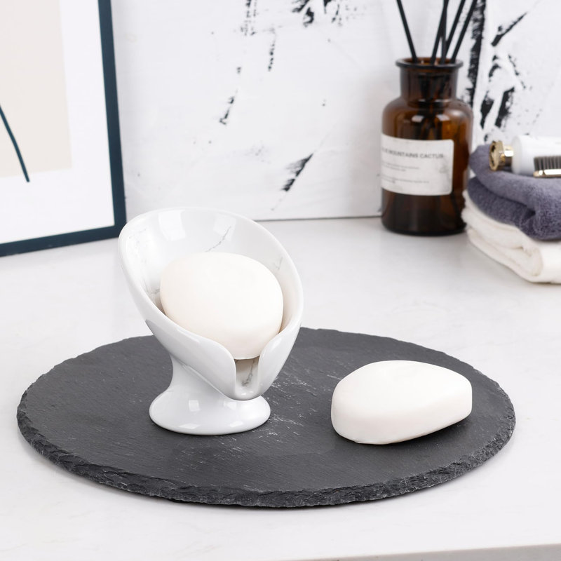 Porte-savon pour salle de bain avec drain en céramique, drain en forme de feuille, décor de porcelaine en marbre, sans ventouse