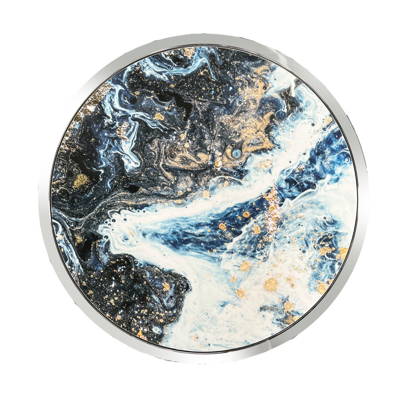 Table de bout en marbre bleu de 24 po de hauteur avec base en métal et surface ornementale en verre poli