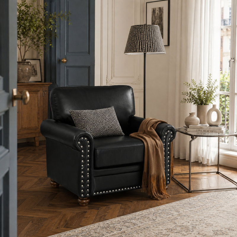 Lounge Armchair – PU Leather Accent Chair With Nailhead Trim & Solid Wood Legs (Black), Black