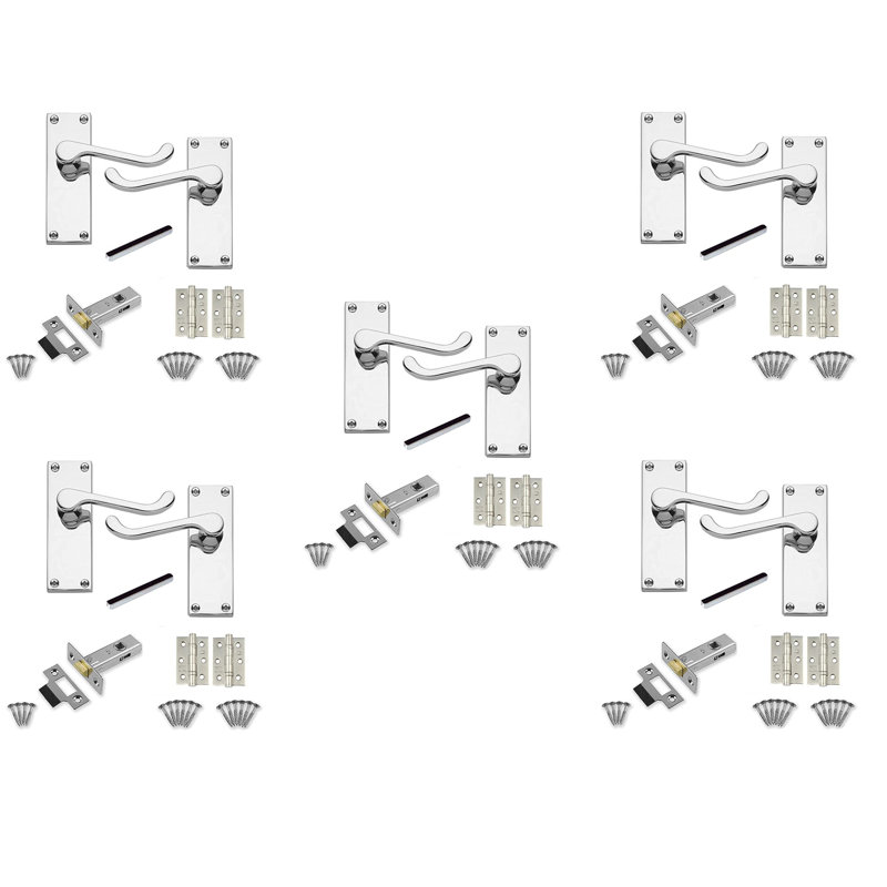  5 Sets Victorian Scroll Latch Door Handles in Polished Chrome with 1 Pair of 3" Ball Bearing Hinges & Latches Pack - 120mm x 40mm Backplate