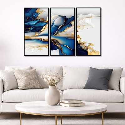 Abstract Geode Gold And Blue Marble Shape III - 3 Piece Print on Canvas