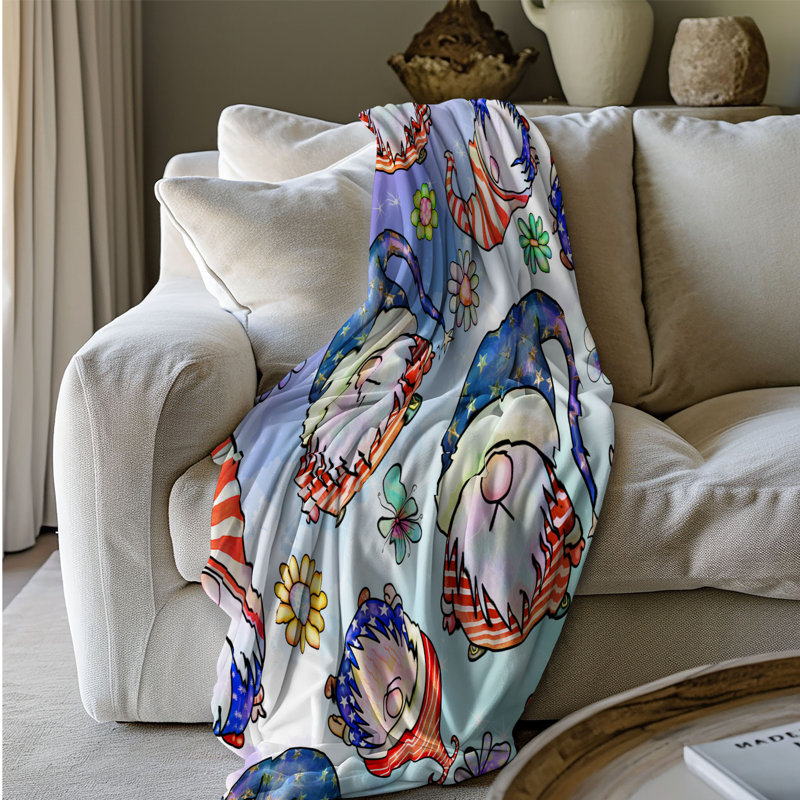 Motif Groovy - 1 pièce Sherpa Premium, Lit simple, Bleu foncé / vert / rouge floral / abstrait