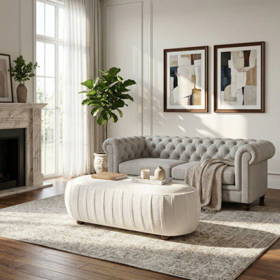 Modern Oval Ottoman Upholstered Vertical Channel Tufted Footrest Bench Coffee Table for Living Room, White