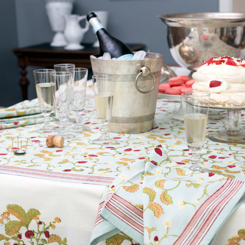 Strawberry Handmade Floral Tablecloth, Blue, 71" Lx 142" W