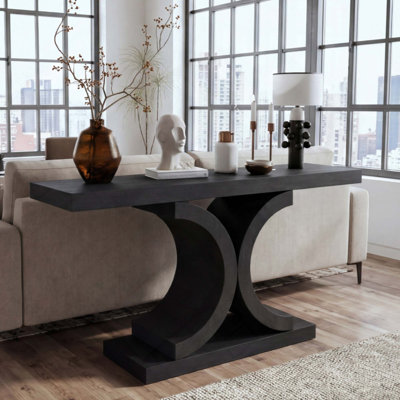 Console, canapé-lit étroit moderne avec base sculpturale incurvée, panneau d'entrée en placage de bois véritable avec placage de bois, pour le salon, le couloir et le vestibule
