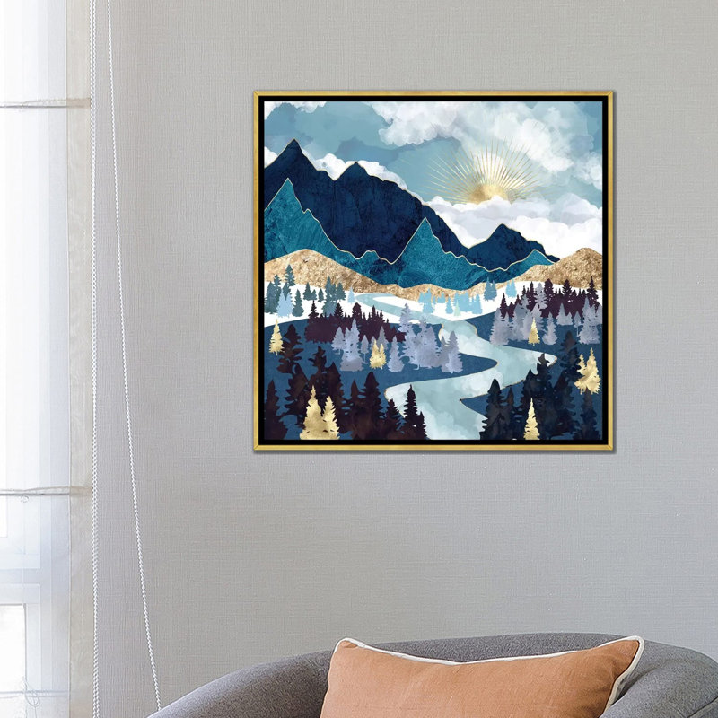 Valley Sunrise - impression d'art graphique, H 26 po x l 26 po x P 1,5 po, Toile encadrée d'or, Aucun mat