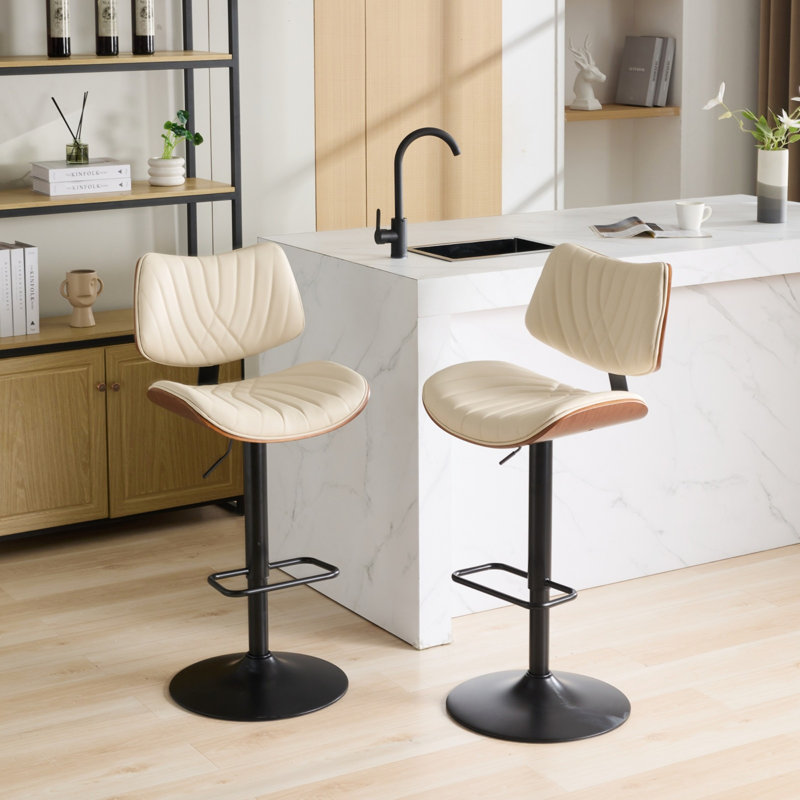 Walnut Bentwood Bar Stools With Faux Leather, Mid Century Modern Adjustable Counter Height, 360° Swivel, Ideal For Kitchen And Dining Areas