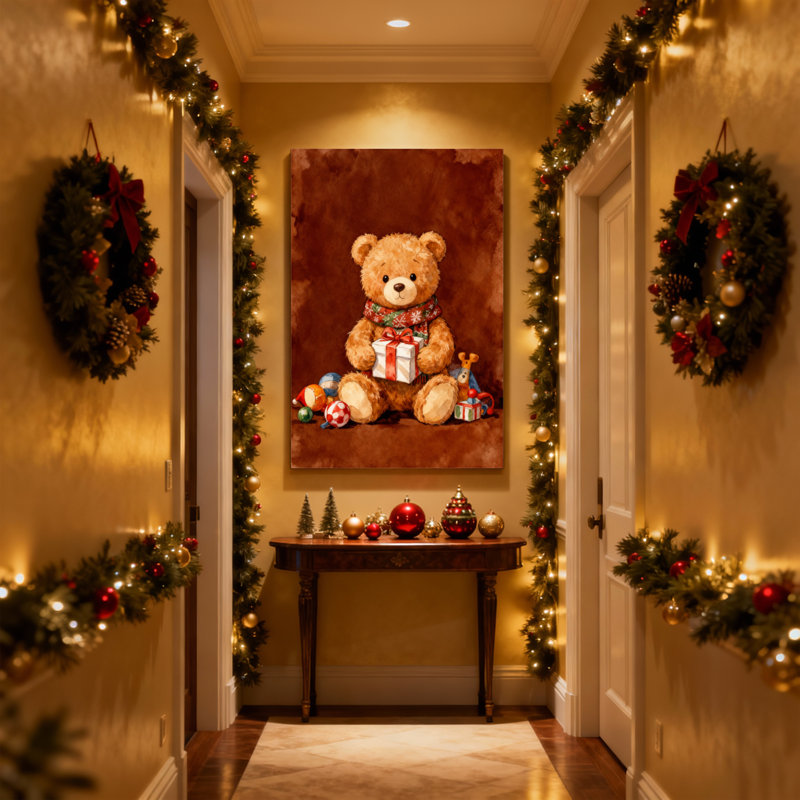 Ours en peluche de Noël tenant un cadeau avec des décorations de Noël, ensemble de 3 impressions sur toile, H 18 po x l 12 po
