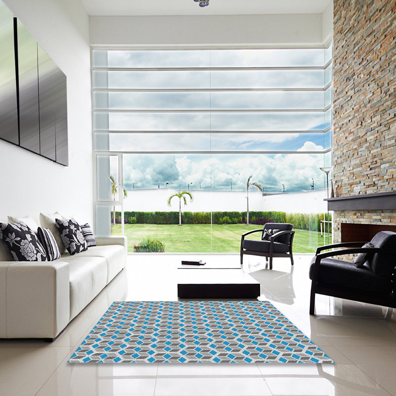 Tapis gris/bleu ciel à motifs, Carré 5 pi