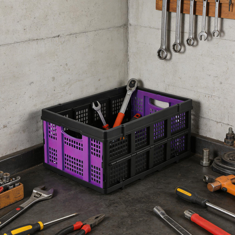 Panier en plastique pliable 55L avec poignées latérales pour la nourriture, les boissons, les livres, les outils,, Mauve