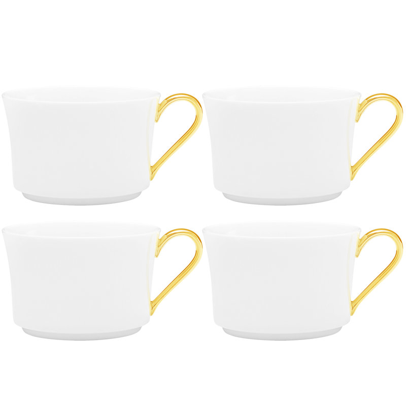 White Bone China Teacups with Gold Trim, Set of Four