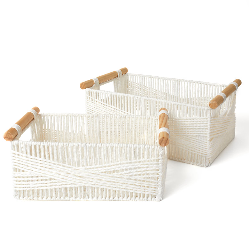 Paper Rope Basket with Wooden Handles, White