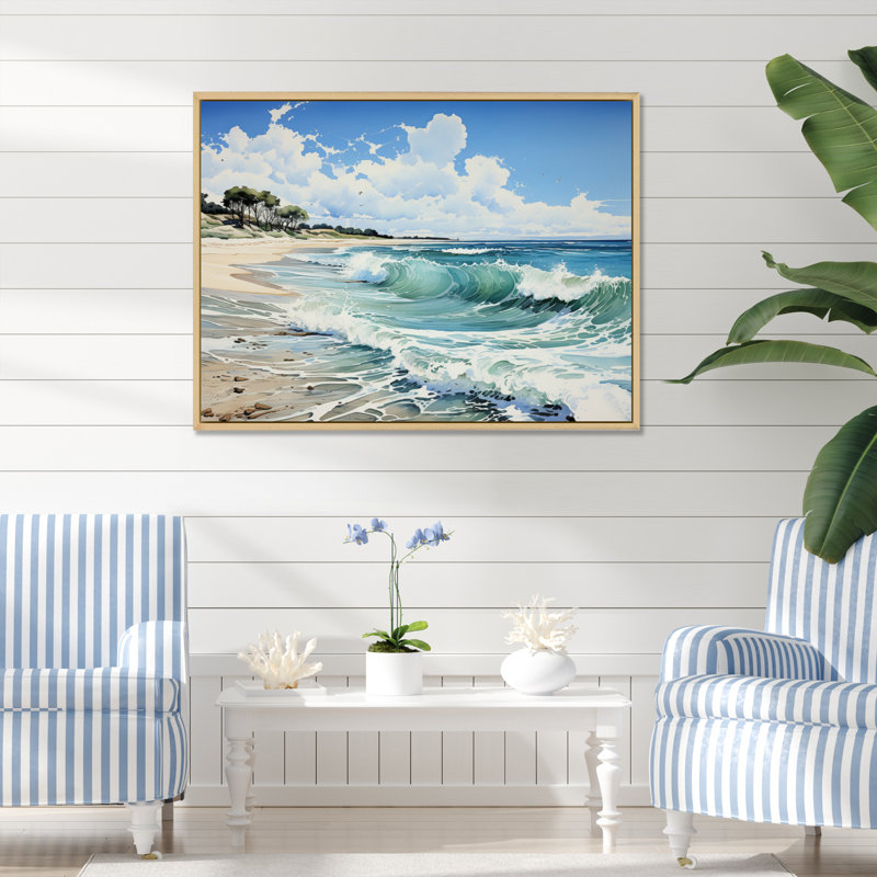 Beach Serene Shores Pointillism - Landscapes Canvas Wall Art, 30" H x 40" W, Cadre naturel flottant