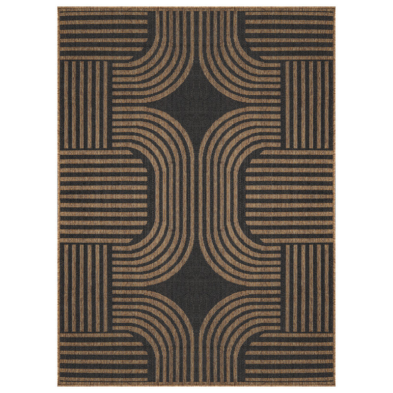 Geometric Dark Gray/Natural Easy-Care Jute-Style Indoor/Outdoor Flat Woven Area Rug, Rectangle 5' x 7', Dark Gray