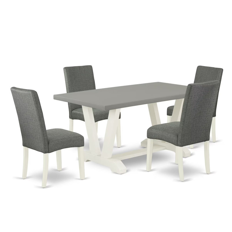 L'ensemble 5 pièces comprend une table rectangulaire en bois ciment avec des pieds en V et 4 chaises de salle à manger Parsons en lin gris, lin brossé blanc