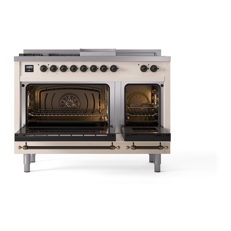 Cuisinière à double combustible ILVE Nostalgie II Series 48 po avec 5 brûleurs scellés, plaque de cuisson et table française (gaz naturel, porte pleine)