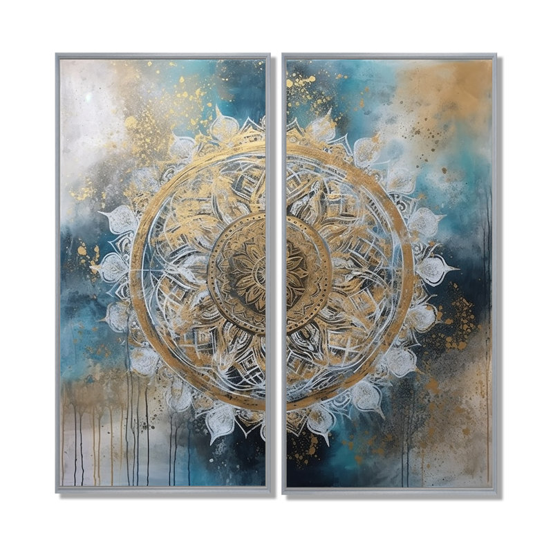 Bleu sarcelle et mandala doré III - motifs géométriques boho mandala sur toile, 2 panneaux, 32" H x 32" W, Silver