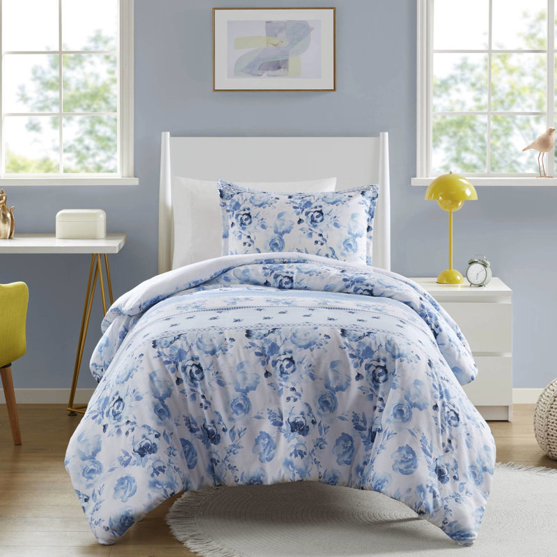 Housse de couette en microfibre à motifs floraux et à rayures, taille Twin/Twin XL, fermeture à boutons, lavable à la machine, avec liens intérieurs.