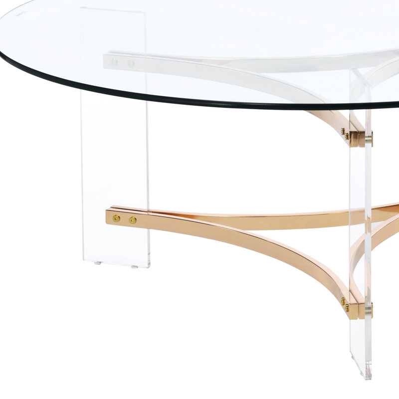 Gold Finish Coffee Table, Boasting A Contemporary Round Tempered Glass Top (10mm), Supported By Unique Triangular Metal Frame And Acrylic Base, Versatile For Different Spaces, Easy To Wipe Clean