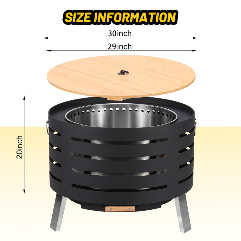 30 inch Smokeless Fire Pit Outdoor - Outside Wood Burning with 360° Airflow, Removable Ash Pan & Bamboo Lid Rainproof Cloth - Low Smoke Backyard Fire Pit for Patio, Camping, Bonfire