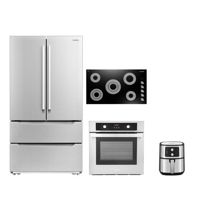 4 Piece Kitchen Appliance Package with 36"" Electric Cooktop 24"" Single Electric Wall Oven 5.5L Electric Hot Air Fryer &  French Door Refrigerator -  Cosmo, COS-4PKG-558