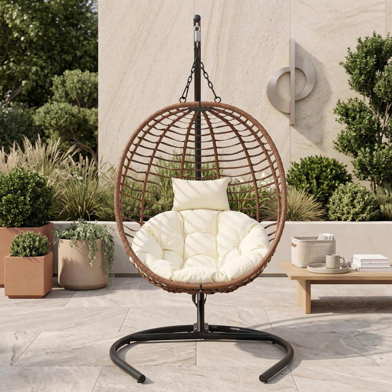 Fauteuil à œufs pliant en osier avec support en métal, coussins, appui-tête réglable et pieds antidérapants, Brown Beige
