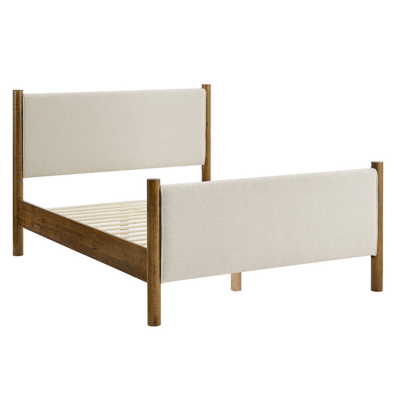Maven Boucle Upholstered Platform Bed, Queen, Ivory Walnut, Solid + Manufactured Wood