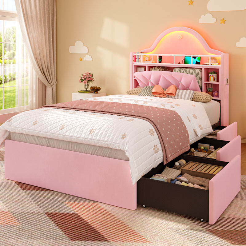 Lit avec tête de lit capitonnée en velours avec bibliothèque et station de charge avec lumières DEL, rose, Lit simple, Rose