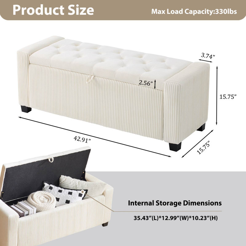 BANC DE RANGEMENT EN VELOURS OTTOMAN, Rayé blanc
