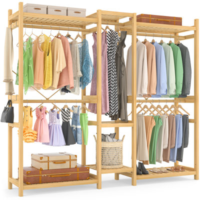 Bamboo Closet System Clothes Rack with 5 Rods and 4 Hooks
