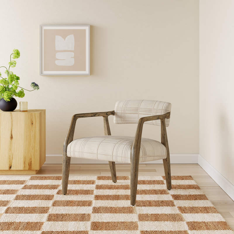 Berthe Solid Oak Wood Armchair with Square Arms, Sheffield Ivory Grid Performance Weave