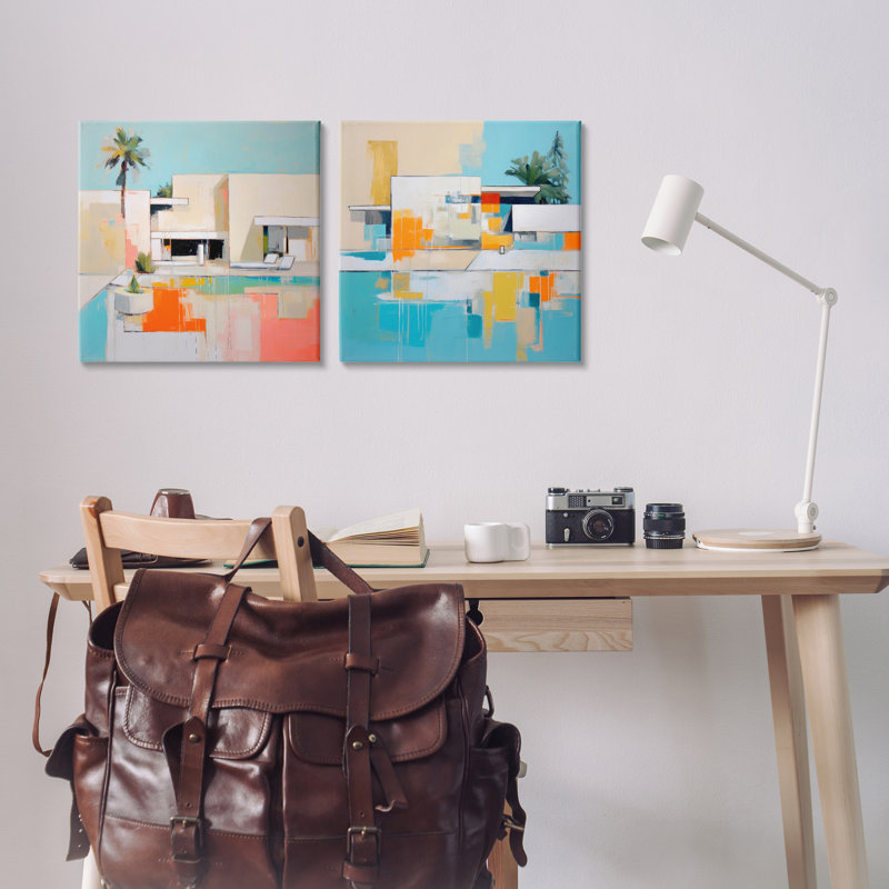 Abstrait, maison tropicale moderne, ensemble d'art mural sur toile 2 pièces par Irena Orlov, H 17 po x l 17 po