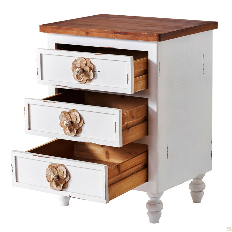Vintage Farmhouse End Table With Floral Knobs – 19" Rustic Nightstand With 3 Drawers & Gourd Legs,Bedside Or Sofa Accent Table, Almost Fully Assembled, Blue