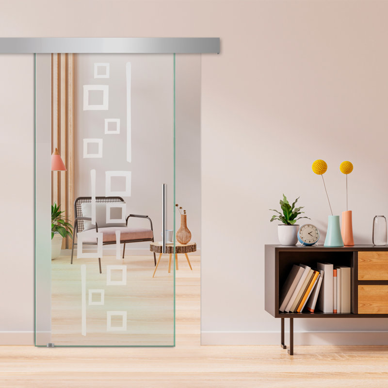 Porte de grange coulissante en verre sans cadre avec design moderne sablé + ensemble de quincaillerie (non privé)
