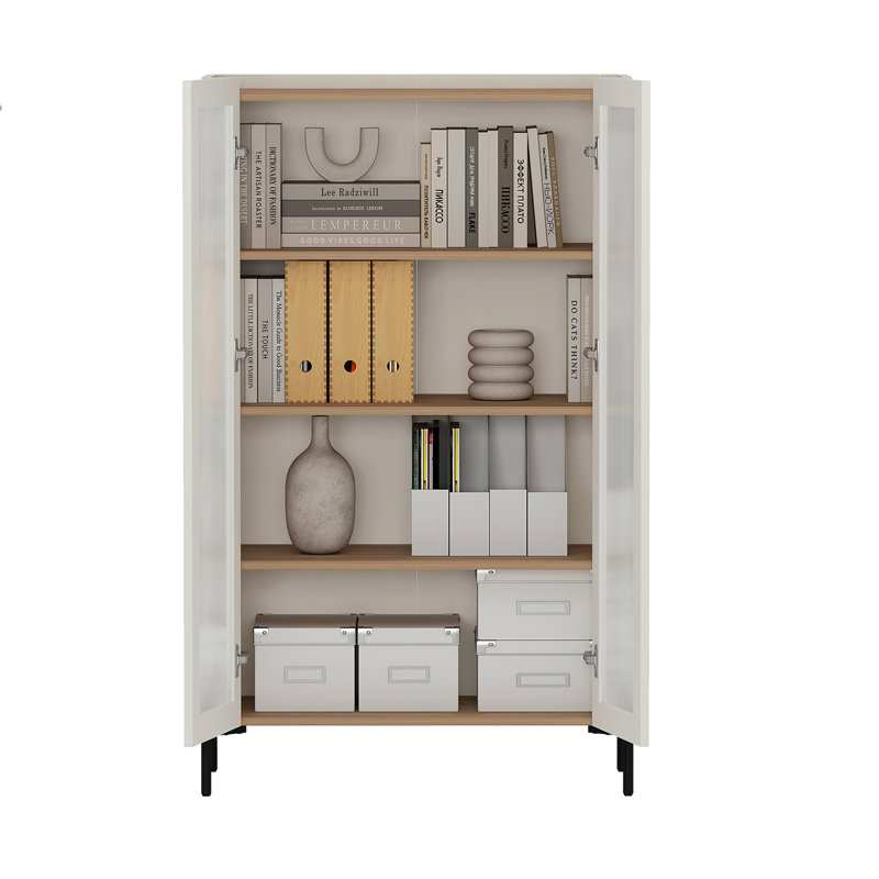Abbey 32" Tempered Glass Bookcase Cabinet In Maple And Off White (4-Shelf), Brown/White