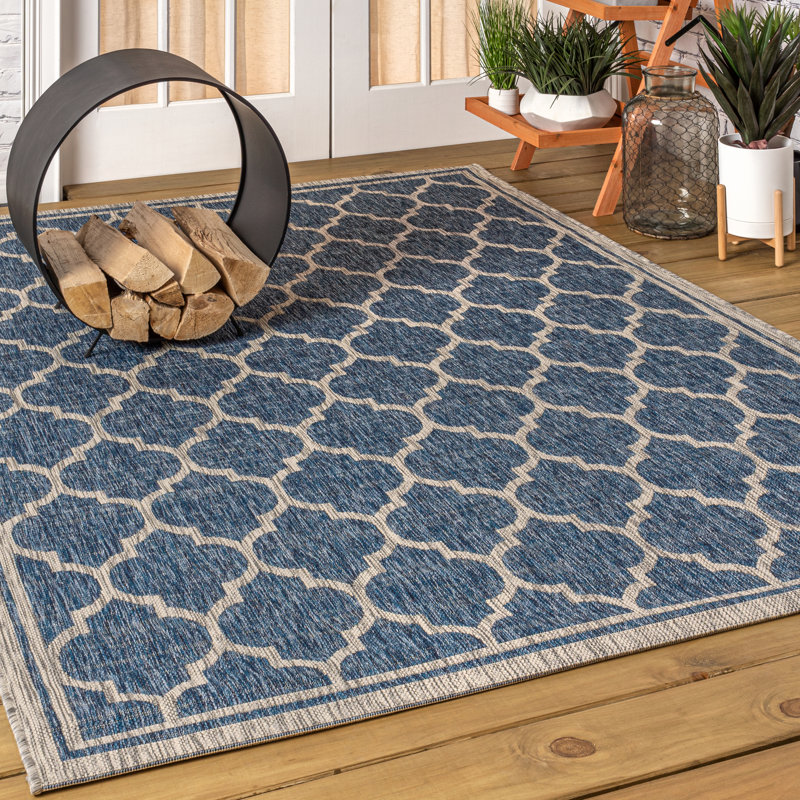 Hague Moroccan Trellis Textured Weave Navy/Gray Indoor/Outdoor Rug, Rectangle 10' x 14'