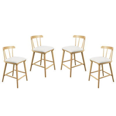 Olivia Indoor Wooden Upholstered Counter Stool, Natural Finish with Beige Upholstery, Windsor Style, Set of 4