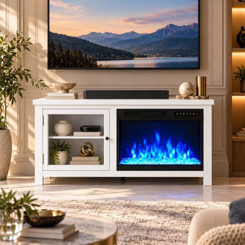RWFLAME 48" 5100 BTU Electric Fireplace TV Stand, Fits TVs up to 60", Quiet, 4 Flame & 12 LED Bed Colors, Timer & Remote