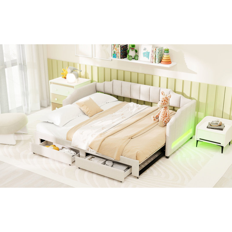 Beige Twin Xl Daybed That Extends To King, Upholstered, Led , Storage Drawers, Space - Saving Trundle Extendable Daybed, Linen Upholstery, Pine Wood And Frame