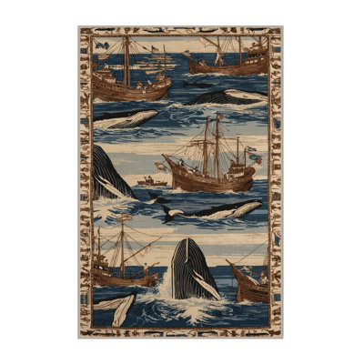 Washable Whaling scenes Nautical Area Rug