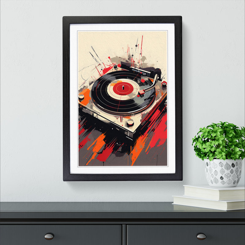 Vinyl Record Player Gestural - Single Picture Frame Print on Wood, Black Framed, 34cm H x 25cm W